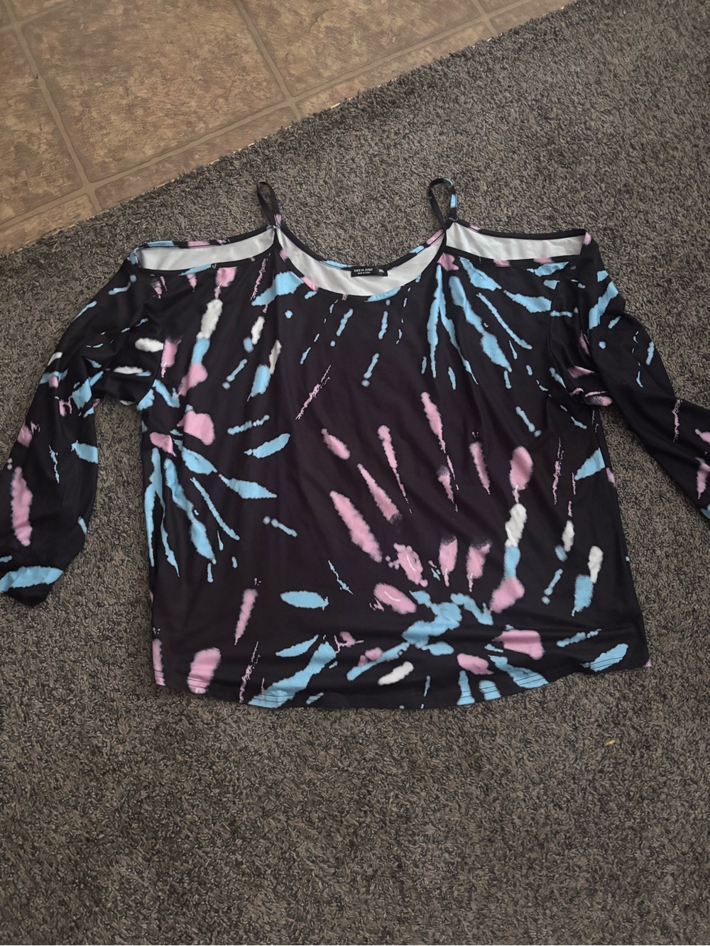 SHEIN Black Cold-Shoulder Long Sleeve Top with Pink & Blue Tie-Dye